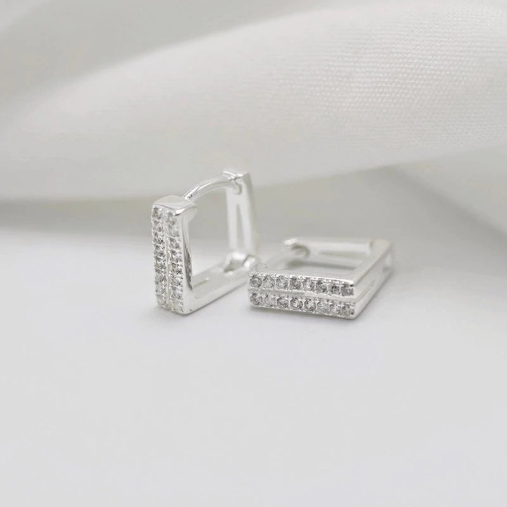 925 Sterling Silver Diamond Square Hoop Earrigs - Picture 6 of 9